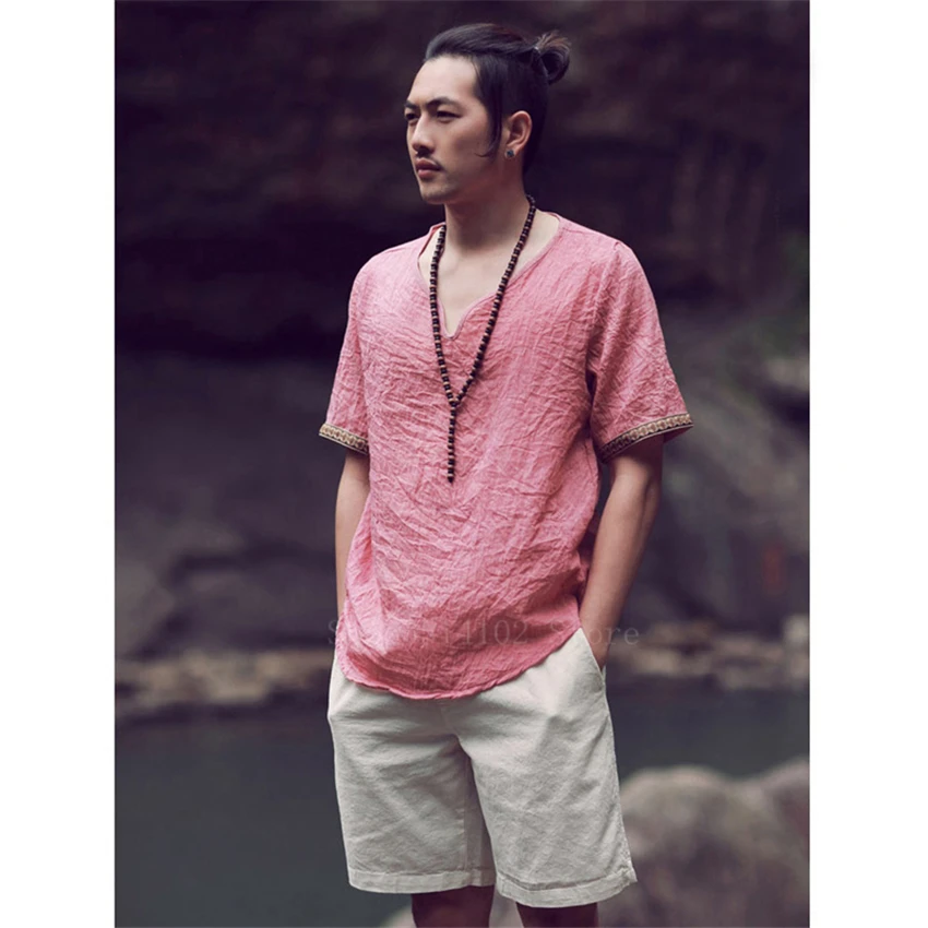 Футболка мужская из хлопка и льна льняная рубашка с коротким рукавом