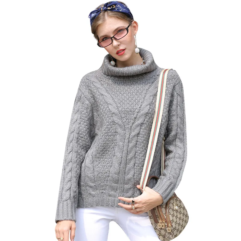 

2019 Autumn Winter European American Women's Thick Warm Solid Color Knit Sweater Fashion Turtleneck Gallows Sweaters Pullover