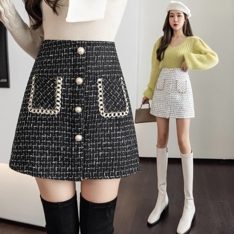 

Женские клетчатые трапециевидные юбки выше колена, твидовые юбки на пуговицах с подкладками и карманами, женские юбки для осени и зимы