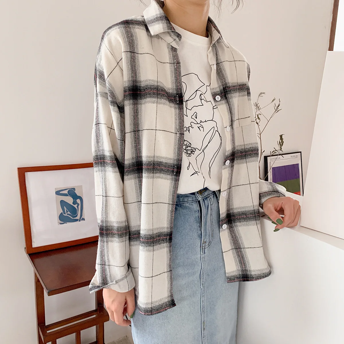 

2020 Korean women's personalized Plaid long sleeve shirt women