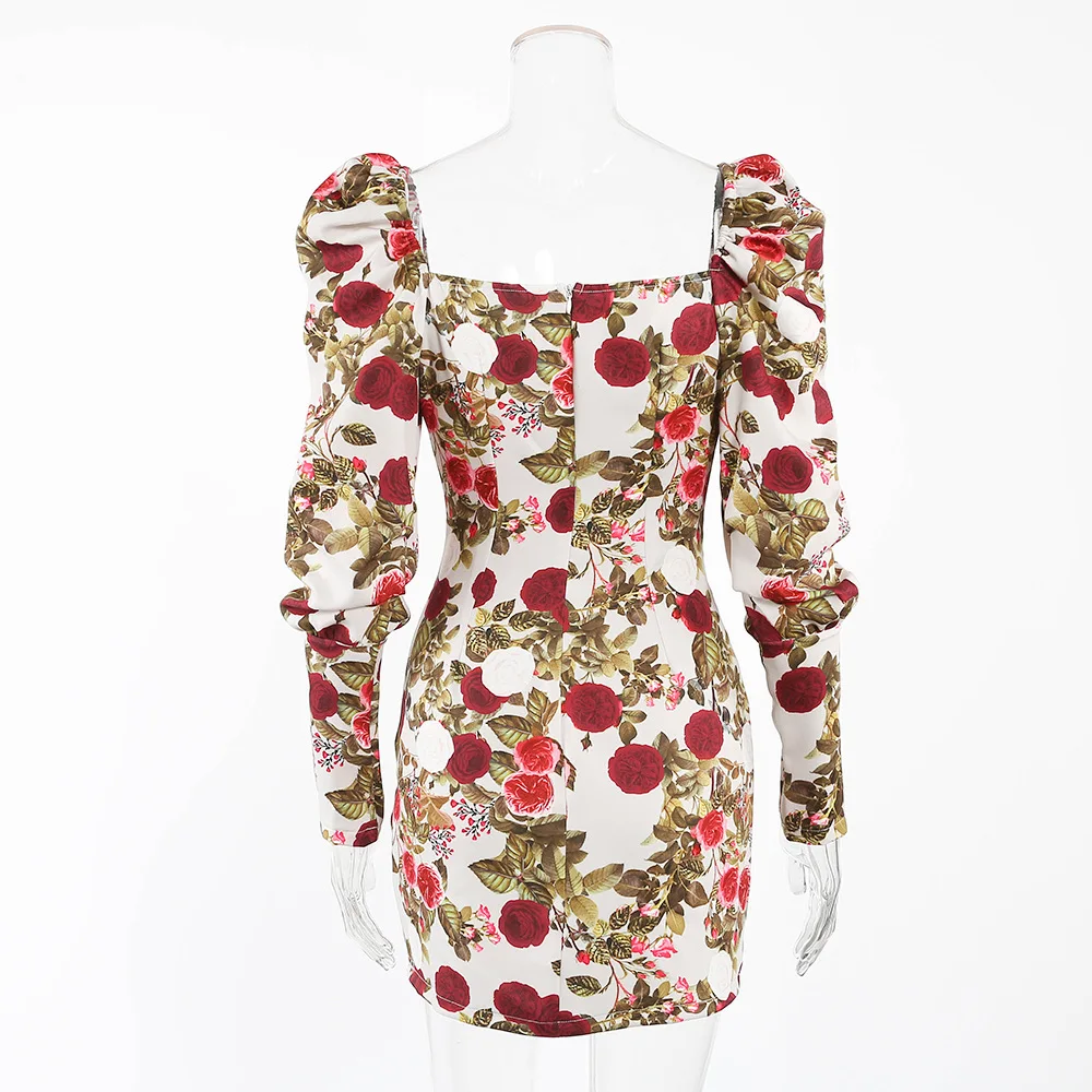 

STYLISH LADY Vintage Floral Printed Dress 2020 Autumn Women Long Puff Sleeve Square Neck Bodycon Party Elegant OL Mini Dress