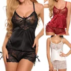 Женское нижнее белье, сексуальное нижнее белье, пижамный комплект, атласная пижама, 2 предмета, с кружевным топом и шортами, эротическое нижнее белье для чувственных женщин