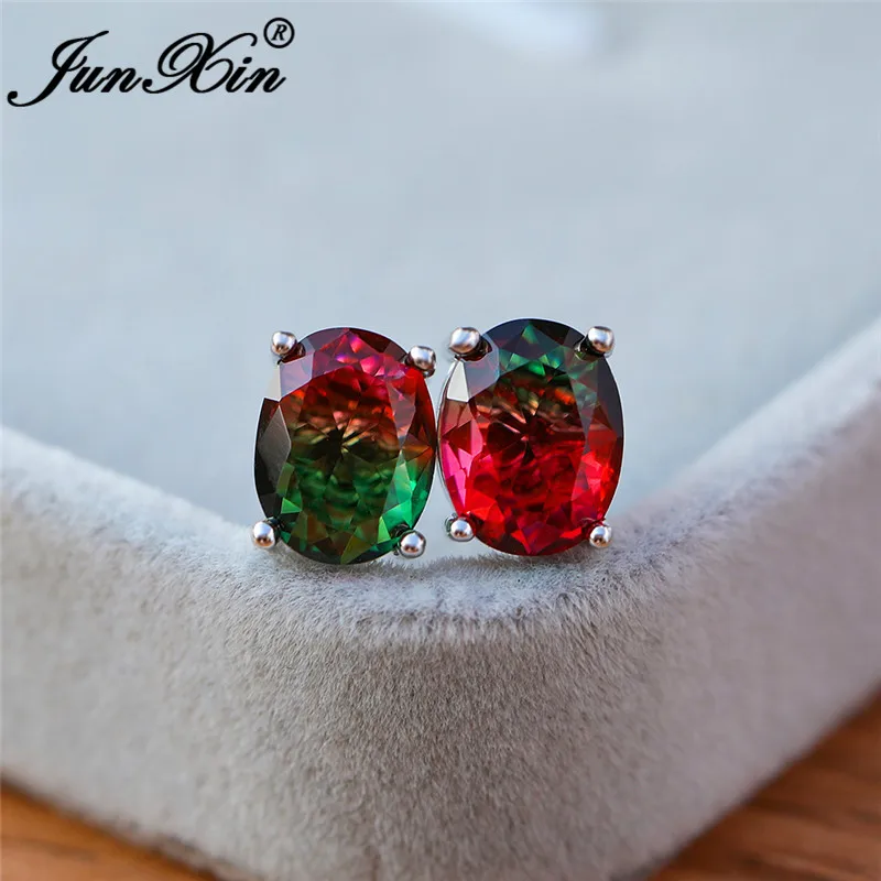 Oval Red Green Мистик огненный Кристалл Камень круглые серьги гвоздики для женщин 925 Серебряный Цвет Радуга синий красный зеленый циркон двойные серьги для свадьбы - Окраска металла: Oval Red Green