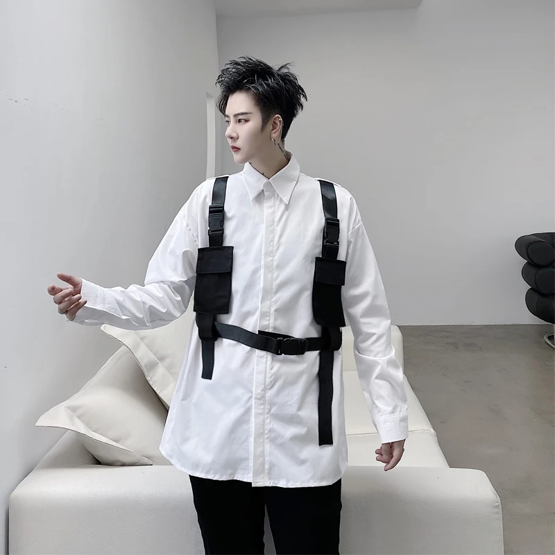 

Male Women Couple Streetwear Hip Hop White Black Shirt Men Adjustable Strap Long Sleeve Casual Cargo Shirt