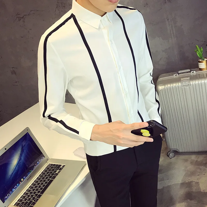 

2021 New Loldeal MenPlus Size Front Fake Belt Ceremony Social Shirts Dress Shirts Slim Fit Black White Long Sleeve Casual Shirt