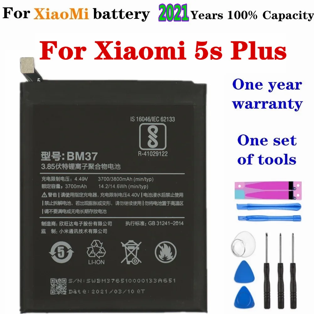 

2021 100% Capacity 3800mAh BM37 Battery For Xiaomi Mi 5S Plus MI5S Plus Phone Battery High Quality Replacement Batteries + Tools