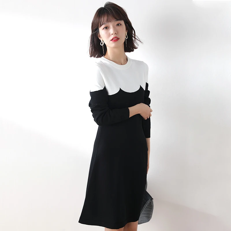 Женское трикотажное платье свитер с длинным рукавом круглым вырезом|Женские