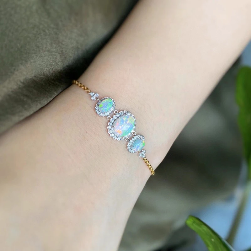 

AINUOSHI 18K White & Gold Oval Shaped 2.1ct Natural Opal Real 0.33ct Diamond Gemstone Bolo Bracelet For Women Jewelry 6.7"