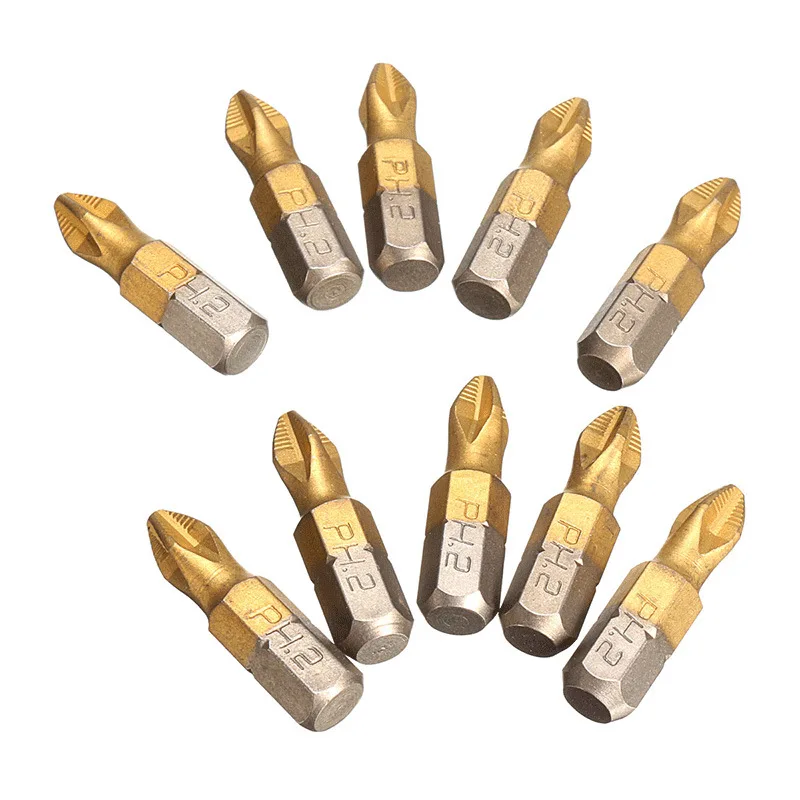 

10pcs 25mm Screwdriver Head 1/4" Shank Anti Slip PH2 Titanium Coated Screwdriver Drill Bits Set Power Tools Dremel Home