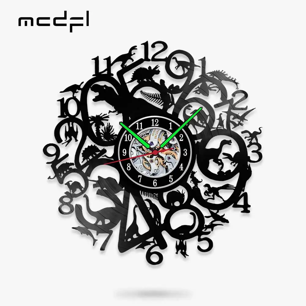 

MCDFL Jurassic Dinosaurs Vinyl Record Wall Clock Silent Sweep Glow In The Dark Luminous Clock Mechanism Wall Art 12 Inch Gifts