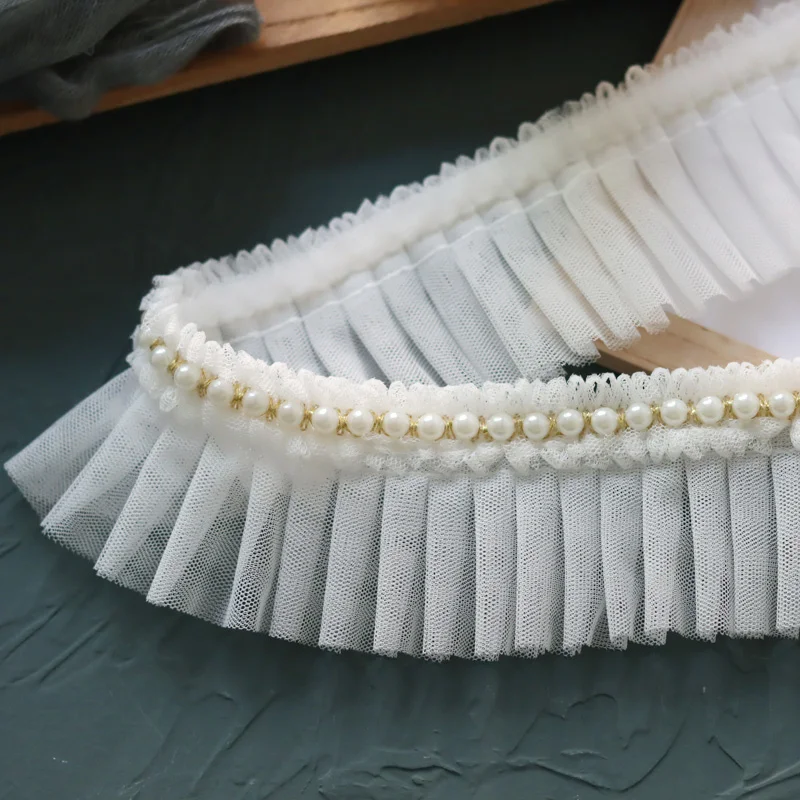 6 см ширина двухслойная сетчатая плиссированная ткань лента с оборками бусинами