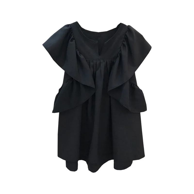 

2021 Summer Sweet Ruffles Patchwork Blouse Woman Shirts Simple Black Blusas De Mujer Age-reducing Sleeveless Womens Tops