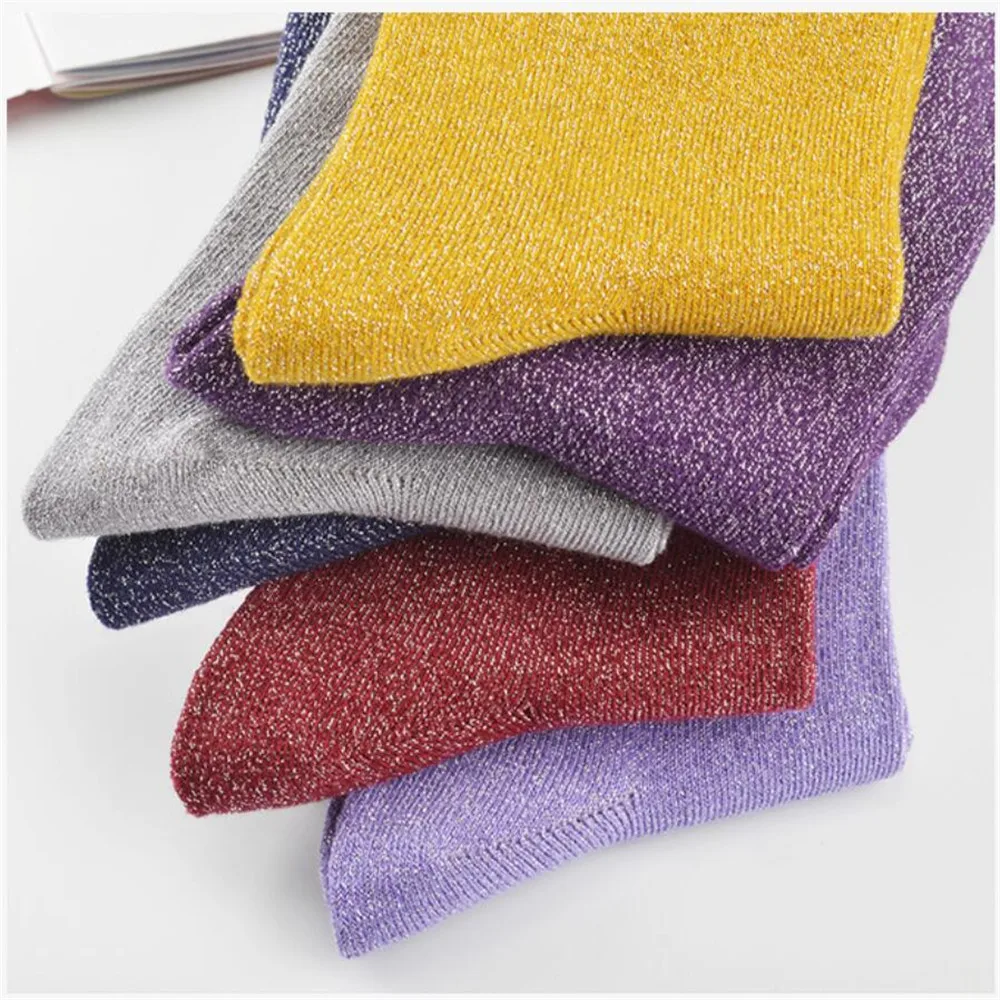 Women Solid Glitter Cotton Silver Lurex Socks Girls Long Shining Ankle Socks Female Thick Warm Winter High-Socks 10 pairs/ lot