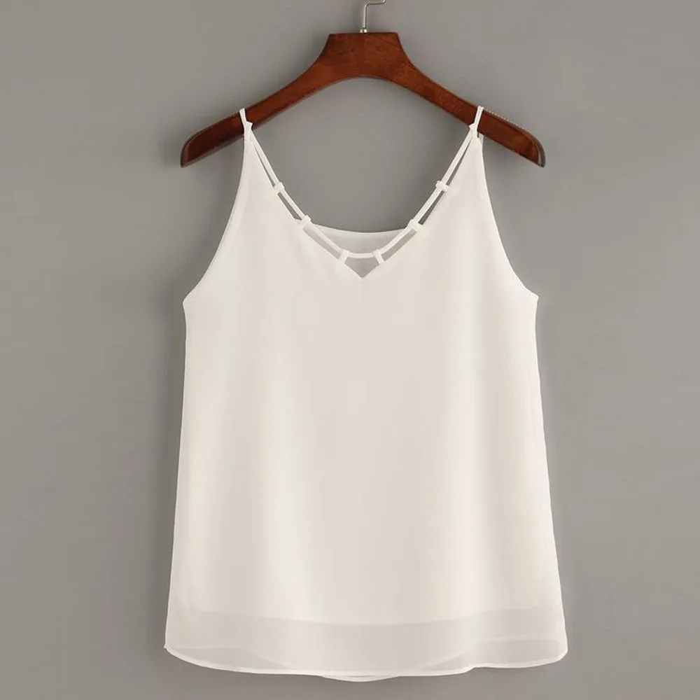 Белая женская шифоновая майка без рукавов однотонная блузка с v образным вырезом