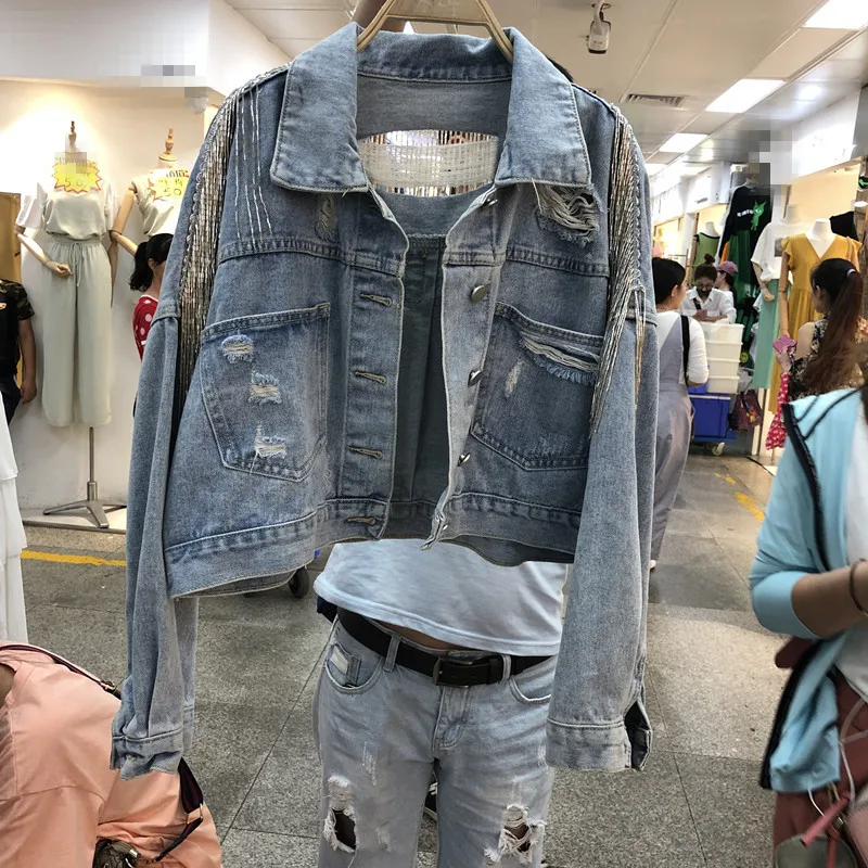 Новая женская осенняя джинсовая куртка для женщин Стразы бриллианты с длинными