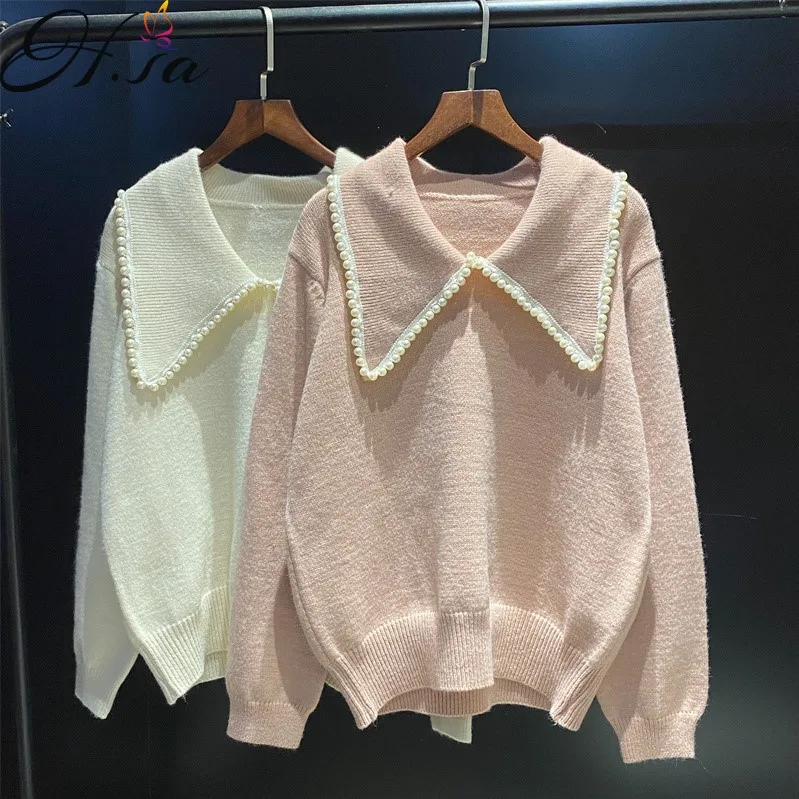 

Hsa Women 2021 Autumn New Sweater And Pullovers Long Sleeve Chic Streetwear Heavy Industry Pearl Beading Pullover Sweater Top