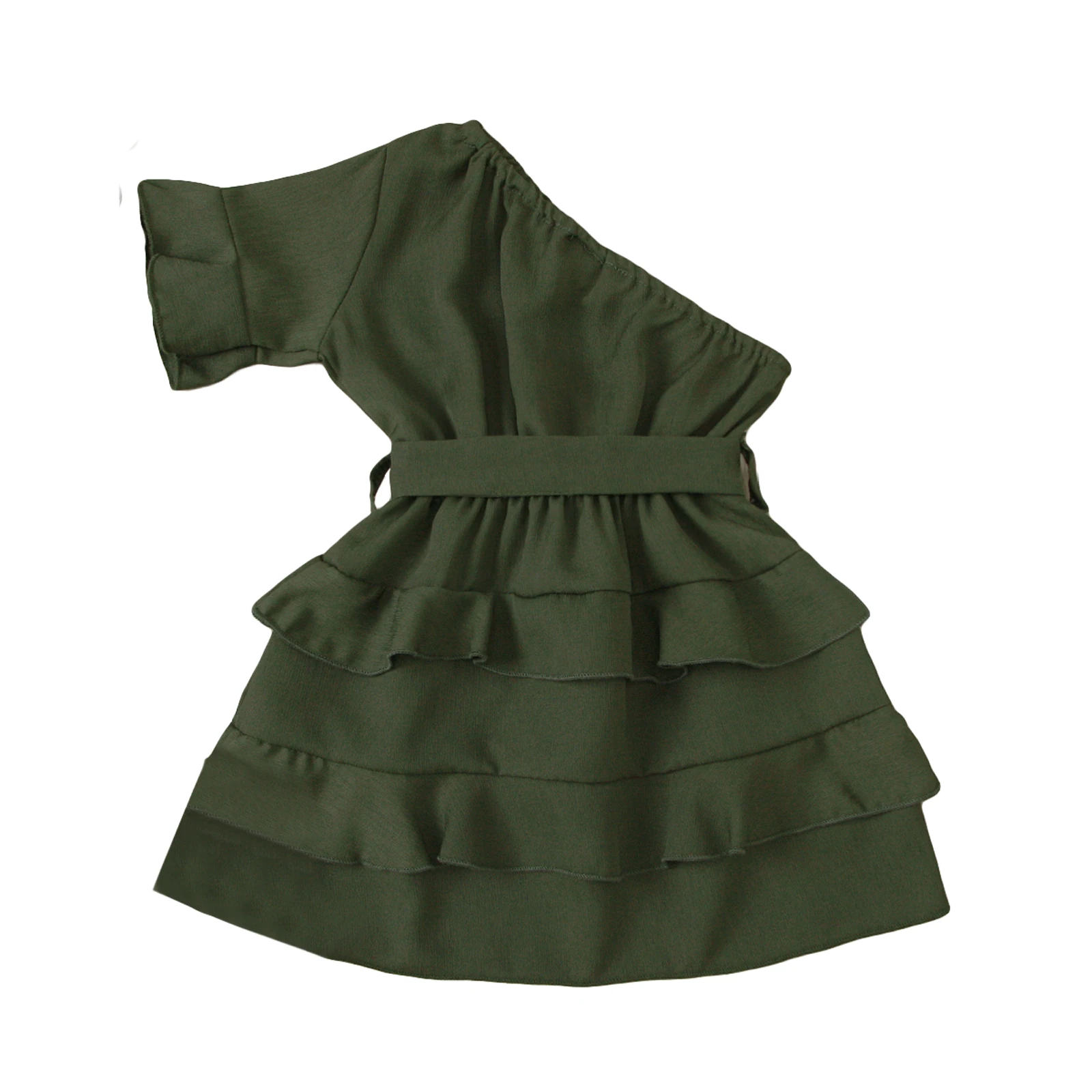 

1-6Y Fashion Kids Girls Summer Dress Ruffles Solid One Shoulder Bowknot Layered Dress