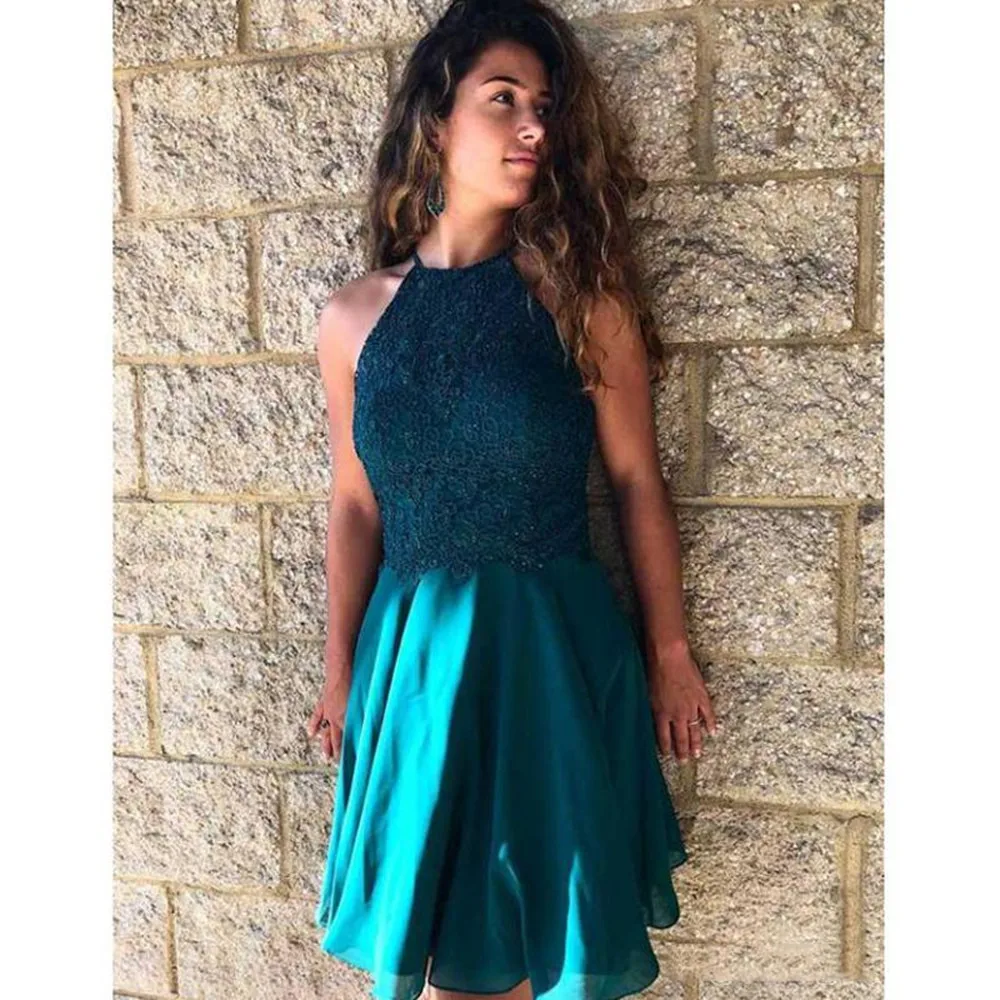 

Teal Halter Lace A line Homecoming Dresses Criss Cross Back Chiffon Sleeveless Cocktail Party Backless Short Prom