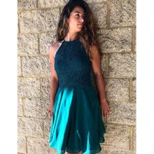 Vestido corto de encaje con cuello Halter para fiesta de graduación, traje de fiesta entrecruzado en la espalda, gasa, sin mangas, espalda descubierta (2)