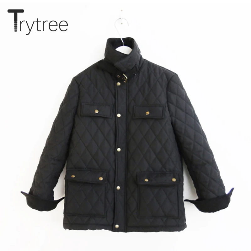 

Trytree 2020 Winter Women's Jacket Thick Solid Single Breasted Zipper Stand Collar Pockets Belt Casual Woman Wide-waisted Coat