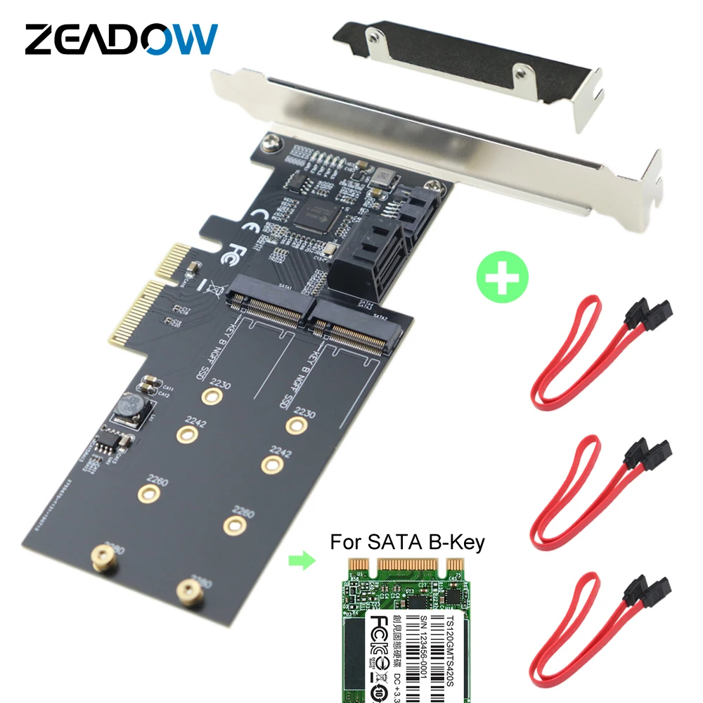 Фото Zeadow PCI E 2. 0 X4 До 2x M.2 NGFF SATA на основе B Key SSD Plus 3x III порты 6 Гбит/с Адаптерная карта для 3