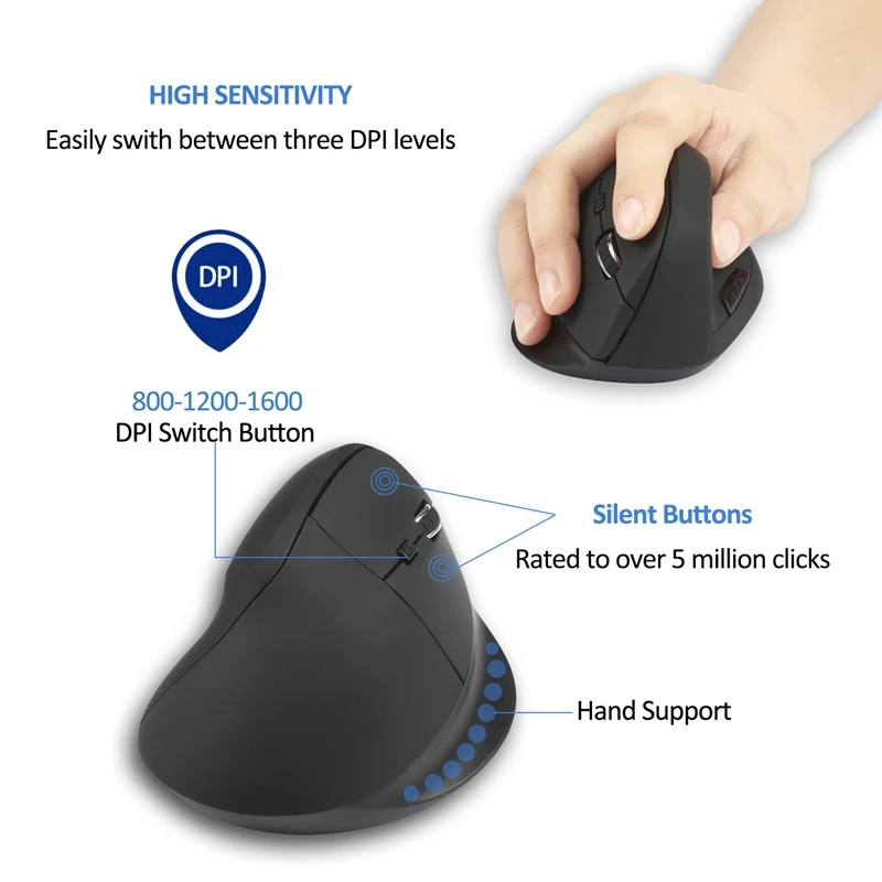 Ergonomic Wireless Mouse 2.4G Vertical Optical with 800/1200/1600 DPI for Laptop PC Computer MacBook Reduce Wrist Pain | Компьютеры и