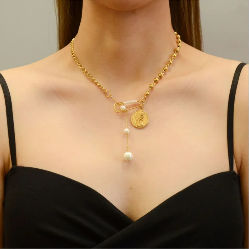 

SODROV Stainless Steel Jewelry Pin Coin Pearl Necklace Women Fashion Multi Element Clavicle Chain BSP653