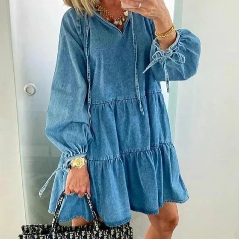 

Female Fashion V-Neck Casual Lace Up Long Sleeve Blue Shirt Dress Women Fall Summer Denim Dress Loose Solid Short Mini Dresses