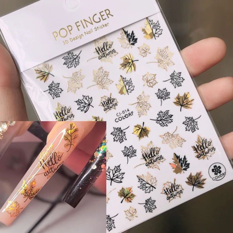 

Autumn Maple Leaves 3D Nail Art Stickers Gold Black Holographics Adhesive Self Slider Nail Decals Manicures Decorations