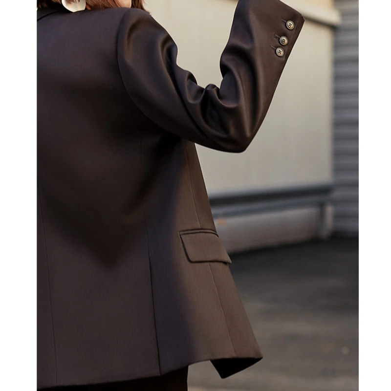 

AEL Vintage Autumn Winter Women Pant Suit Dark Brown Loose Blazer Jacket & Wide Leg Pants 2019 Office Suits Female Sets