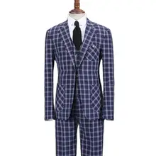 Ensemble de costume à carreaux bleu pour homme, Blazer crissé à revers, pantalon de soirée, Tuxedos sur mesure, veste + pantalon + gilet, 3 pièces  (3)
