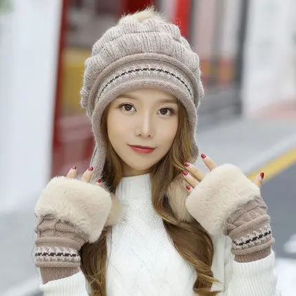 Зимние женские шляпы из кроличьего меха перчатки шарф наборы сохраняющие тепло