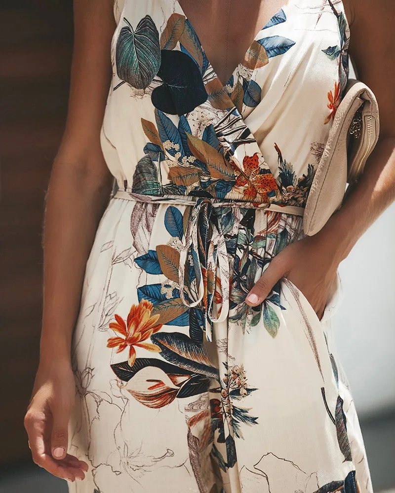 

Floral Jumpsuit Women Spagetti Strap Print V-neck Elastic Waist With Sashes Backless Long Pants Holiday Jumpsuits Romper
