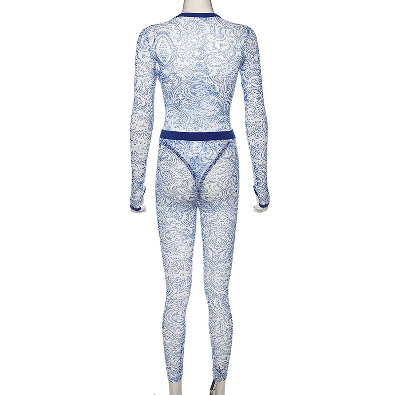 

Fashion Pattern Mesh Print Spliced Two Piece Set Women Long Sleeve See Through Bodysuit Slim Co-ord 2 Piece Outfit Clothes
