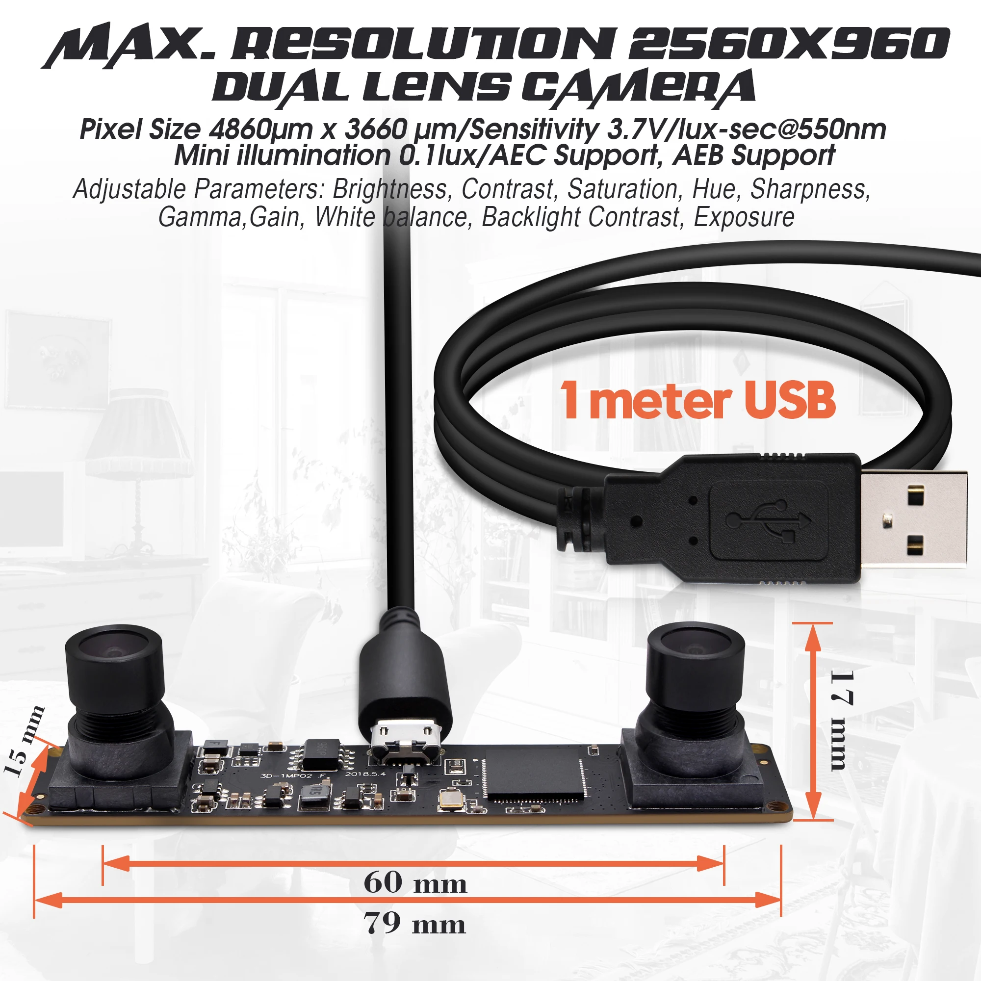 USB-модуль камеры UVC MJPEG 60fps 2560X960 3D VR Stereo OV9750 |
