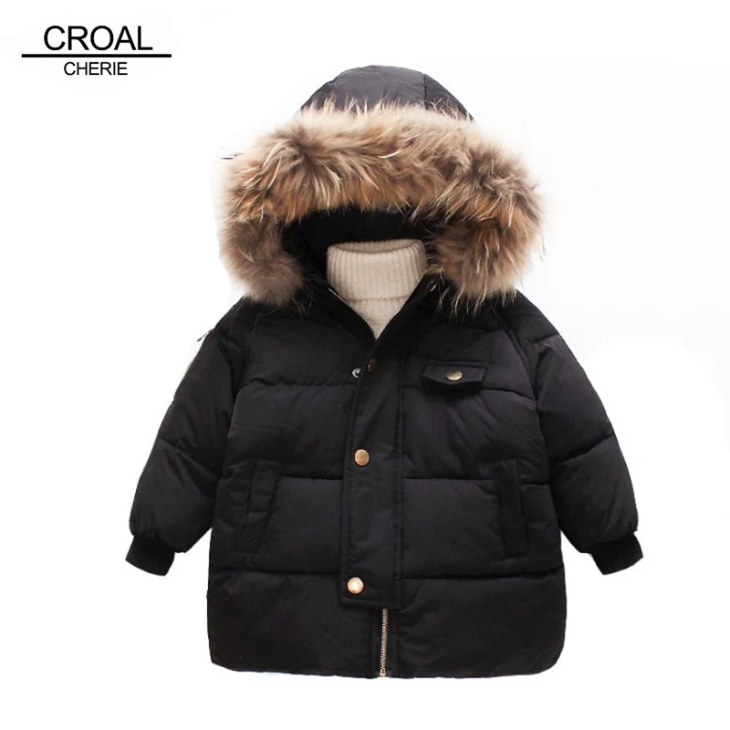 CROAL chery/куртка с воротником из натурального меха енота для девочек ростом от 80 до 130 см, хлопковое зимнее пальто с капюшоном для девочек, детские парки