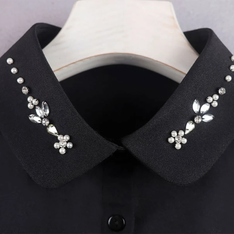 

Women Rhinestone Pearl Beading Floral Decorative Fake Lapel Dickey Collar High Low Detachable Half Shirt Blouse Clothing