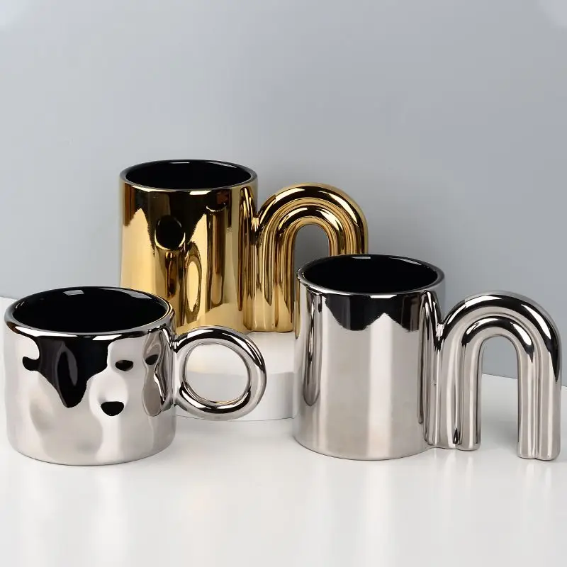 

Handmade Electroplated Ceramic Coffee Mugs N-shaped Arch Handle Milk Cup Trendy Personalized Creative Water Tea Mug