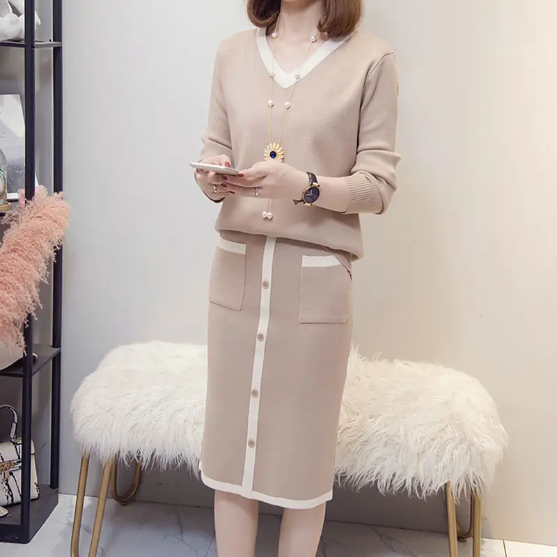 

Осень 2022, Женский однотонный вязаный свитер, женское вязаное платье высокого качества, костюм, женский вязаный комплект из двух предметов с ...