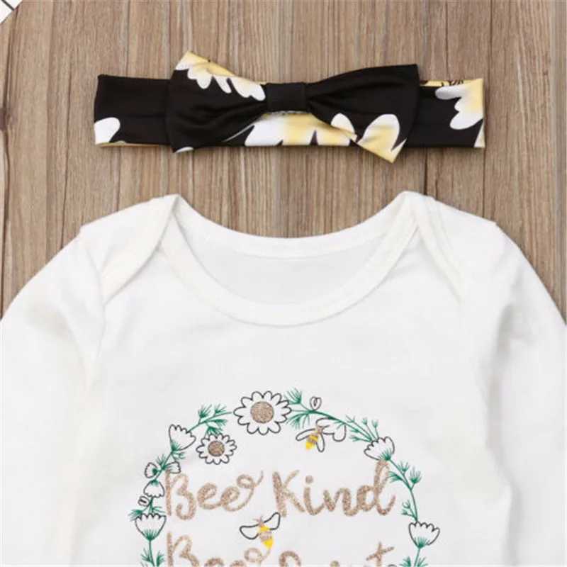 3pcs Newborn Clothes Set Bee Kids Letter Bodysuit Baby Rompers Outfits Sunflower Long Pants Hairbands Girls | Детская одежда и