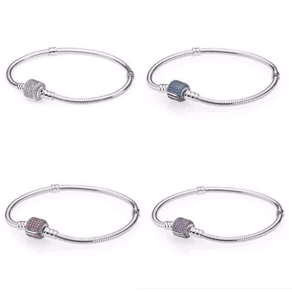 

100% 925 Sterling Silver New Bracelet Signature Clasp Bracelet White/Pink/Purple/Blue Stones Fit European Charms Diy Jewelry