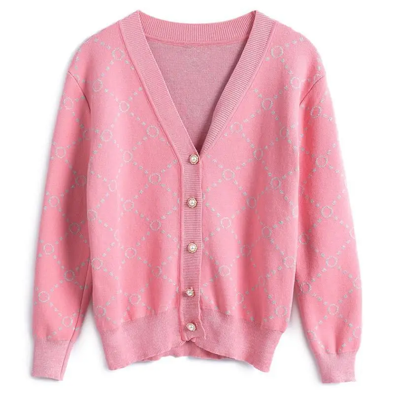 

UVRCOS Fresh Temperament V-Neck Nail Bead Single Breasted Bright Silk Blended Knitting Cardigan Women's Early Spring 2021 NEW