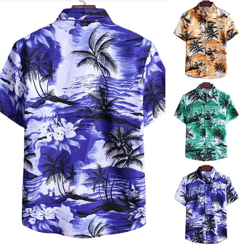 

Men's Holiday Casual Short Sleeve Aloha Hawaiian Shirt Short Sleeve Palm Tree Printed Tropical Aloha Blue Shirts Camisa Hawaiana