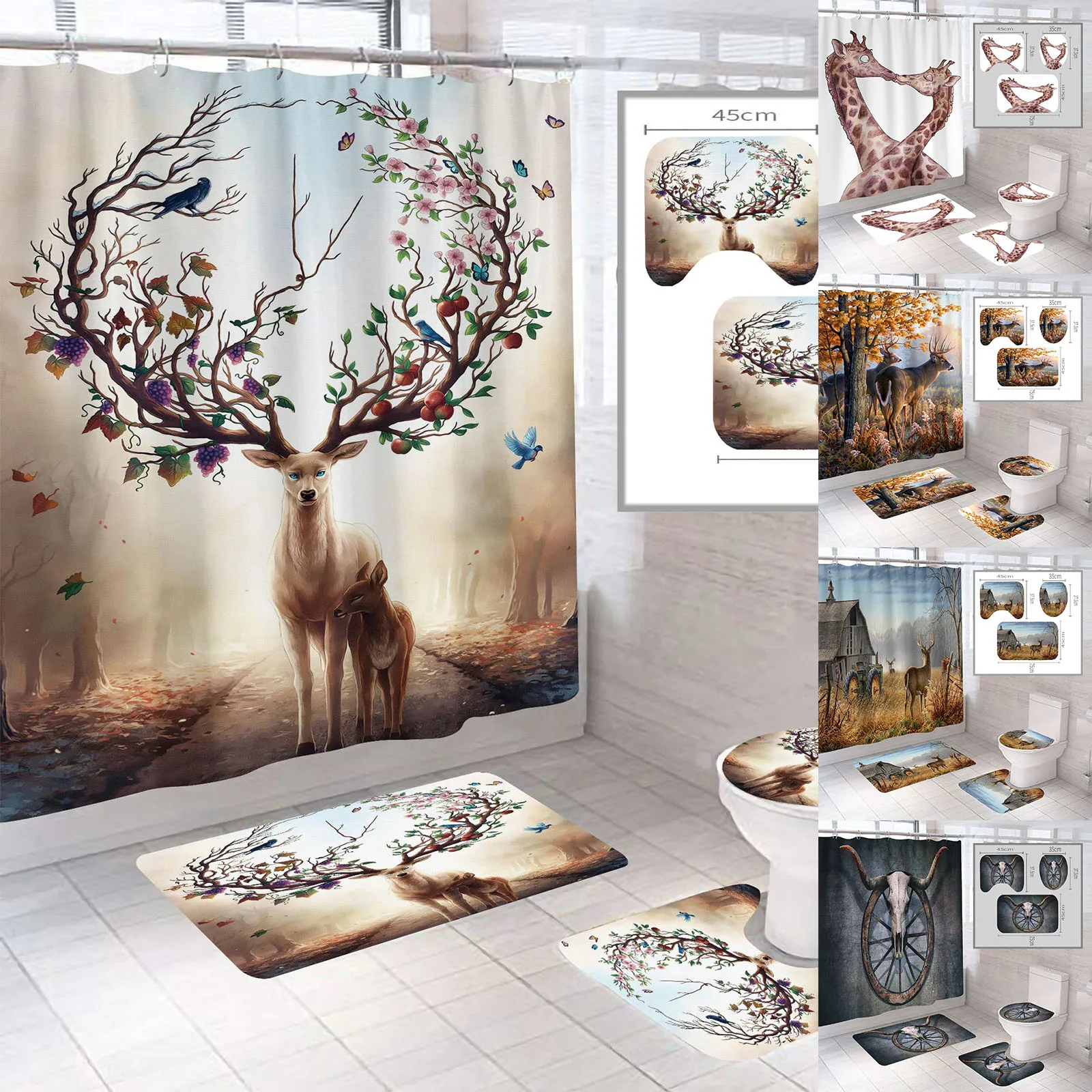 

Creative Animal Printing Shower Curtains Nordic Style Elk Printed Home Waterproof Anti-Skid Bath Cord Bathroom Decoration