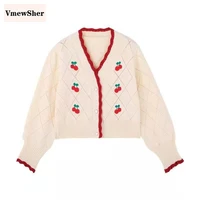 vmewsher new cherry fruit embroidery cardigan women knitted sweater outwear sweet autumn spring long sleeve v neck short tops