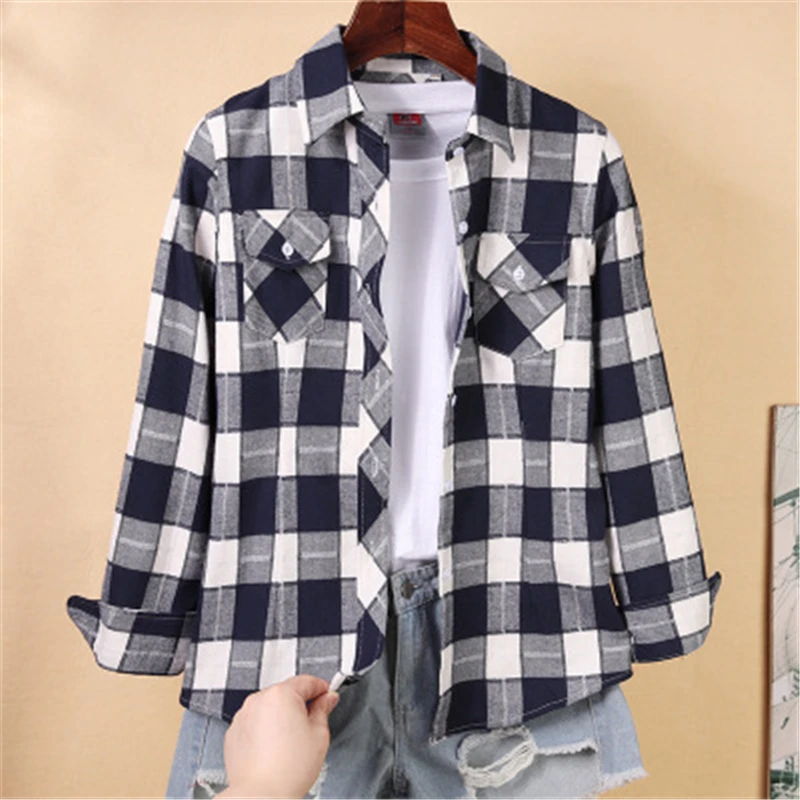 

2021 Spring Fashion New Style Cotton Plus Size Slim Fit Ladies Lapel Long Sleeve Loose Plaid Shirt Top Trendy 430