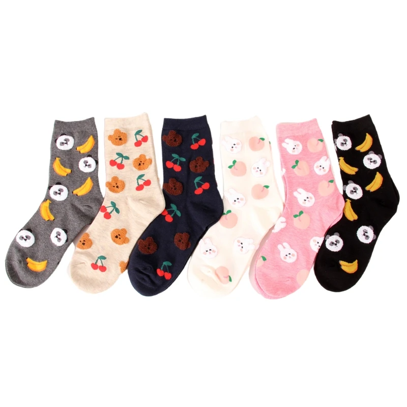 

12 Pairs Women Cartoon Animal Fruits Jacquard Crew Socks Cute Rabbit Panda Bear Student Cotton Mid Tube Hosiery Gifts