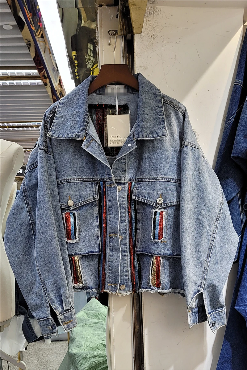

2021 Spring New Worn Stitching Jeans Jacket Coat Woman Fashion Color Sequins Loose Short Denim Coats Top Female Cowboy Jackets