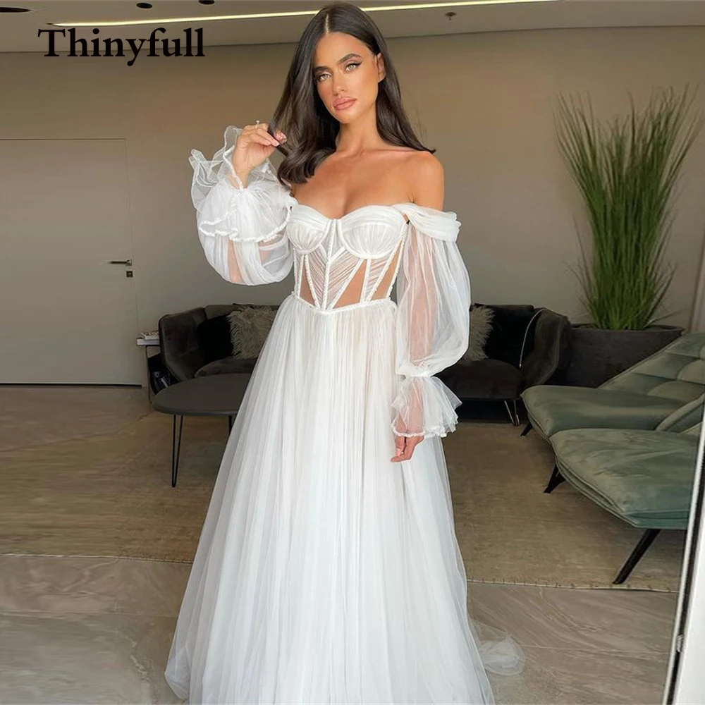 

2021 Elegant Princess Wedding Dresses Long Puffy Sleeves Beach Bridal Gowns Sweetheart Tulle Floor Length Wedding Gowns