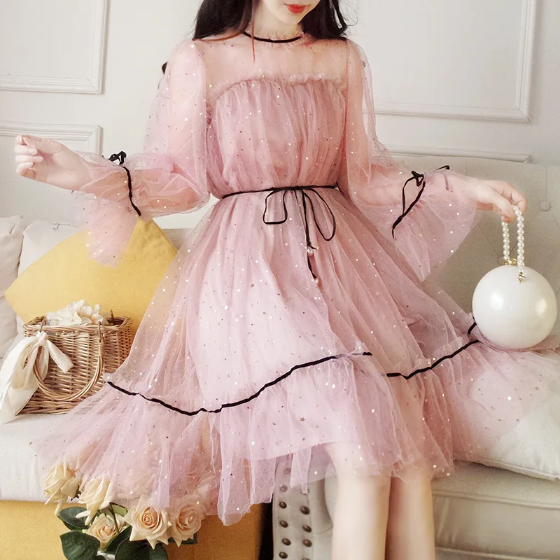 

Fanco Autumn New Women Star Sequins Gauze Flare Sleeve High Waistline Princess Dress Female Elegant O-Neck Mesh Puff